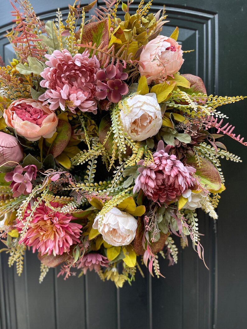 Modern Fall Wreath for Front Door,  Pink Fall Wreath, Outdoor Fall Wreath, Fall Wreaths for Door, Fall Door Wreath