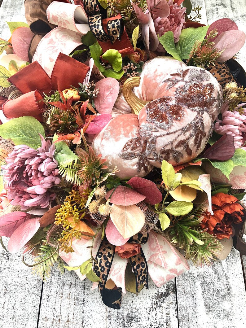 Fall wreath for front door, fall pumpkin wreath, fancy pumpkin wreath, large fall wreath, autumn wreath for front door, Thanksgiving wreath