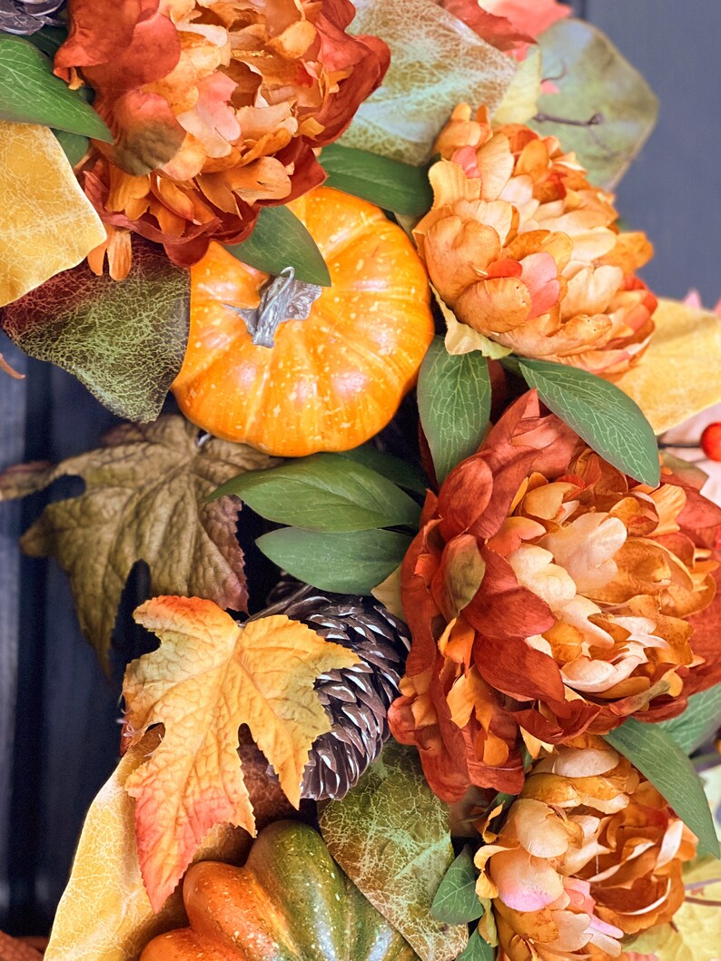 Fall Wreath For Front Door with Pumpkins, Florals, Pinecones, Maple Leaves and Berries - Indoor and Outdoor Fall Decor - Large Fall Wreath