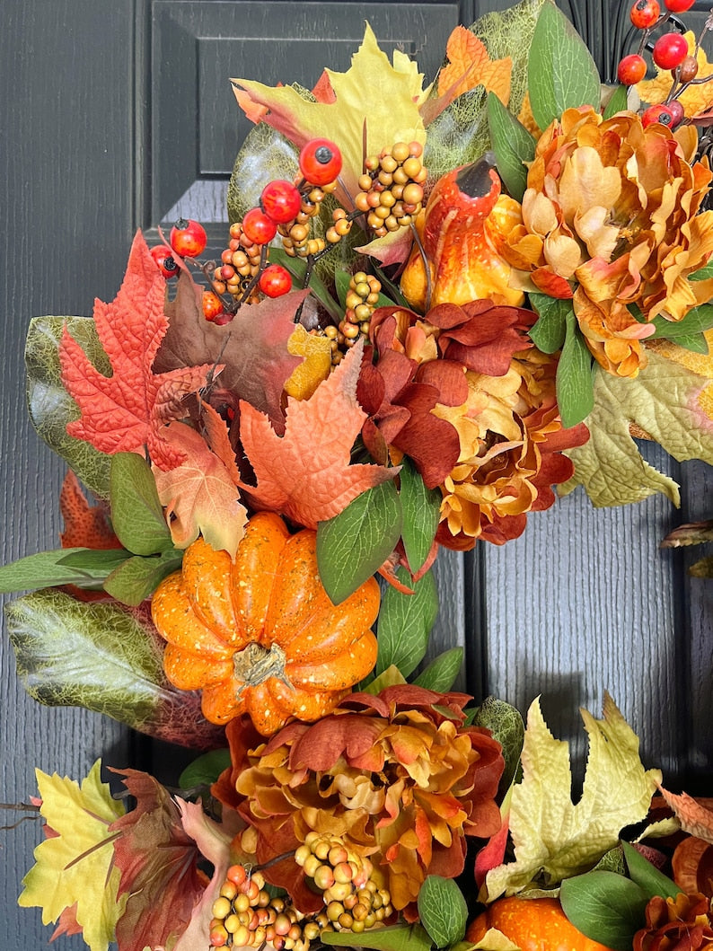 Fall Wreath For Front Door with Pumpkins, Florals, Pinecones, Maple Leaves and Berries - Indoor and Outdoor Fall Decor - Large Fall Wreath
