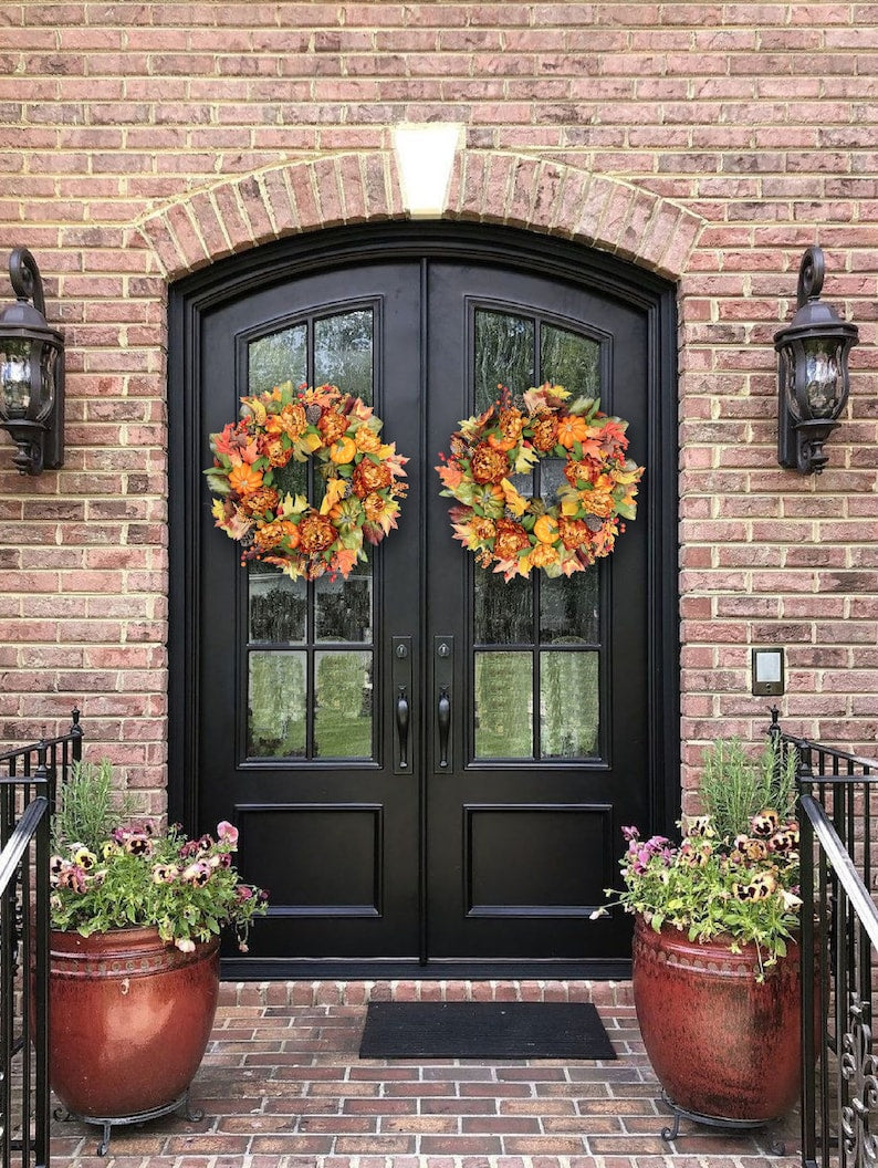 Fall Wreath For Front Door with Pumpkins, Florals, Pinecones, Maple Leaves and Berries - Indoor and Outdoor Fall Decor - Large Fall Wreath