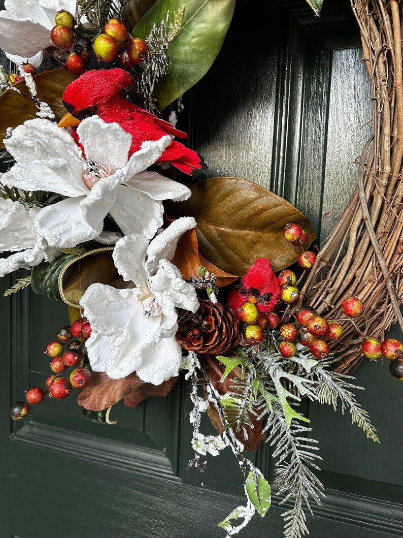 SNOW MAGNOLIA WREATH /red birds. Red bird wreath. Winter wreath. Snow wresth