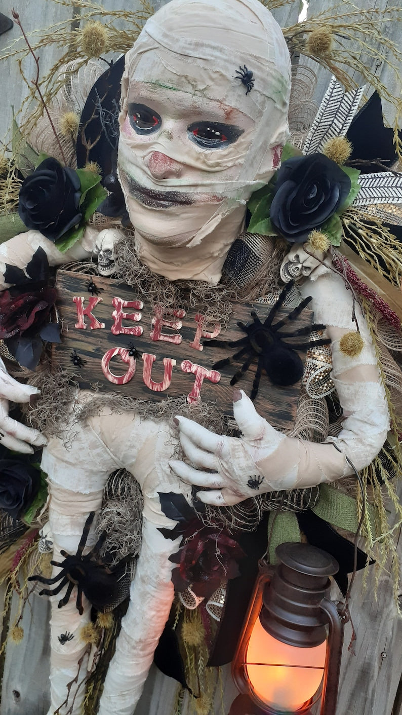 Mummy wreath, mummy attachment, spider wreath, scary wreath, scary Halloween decor, mummy, skeleton wreath, Halloween door swag, mummy, Fall